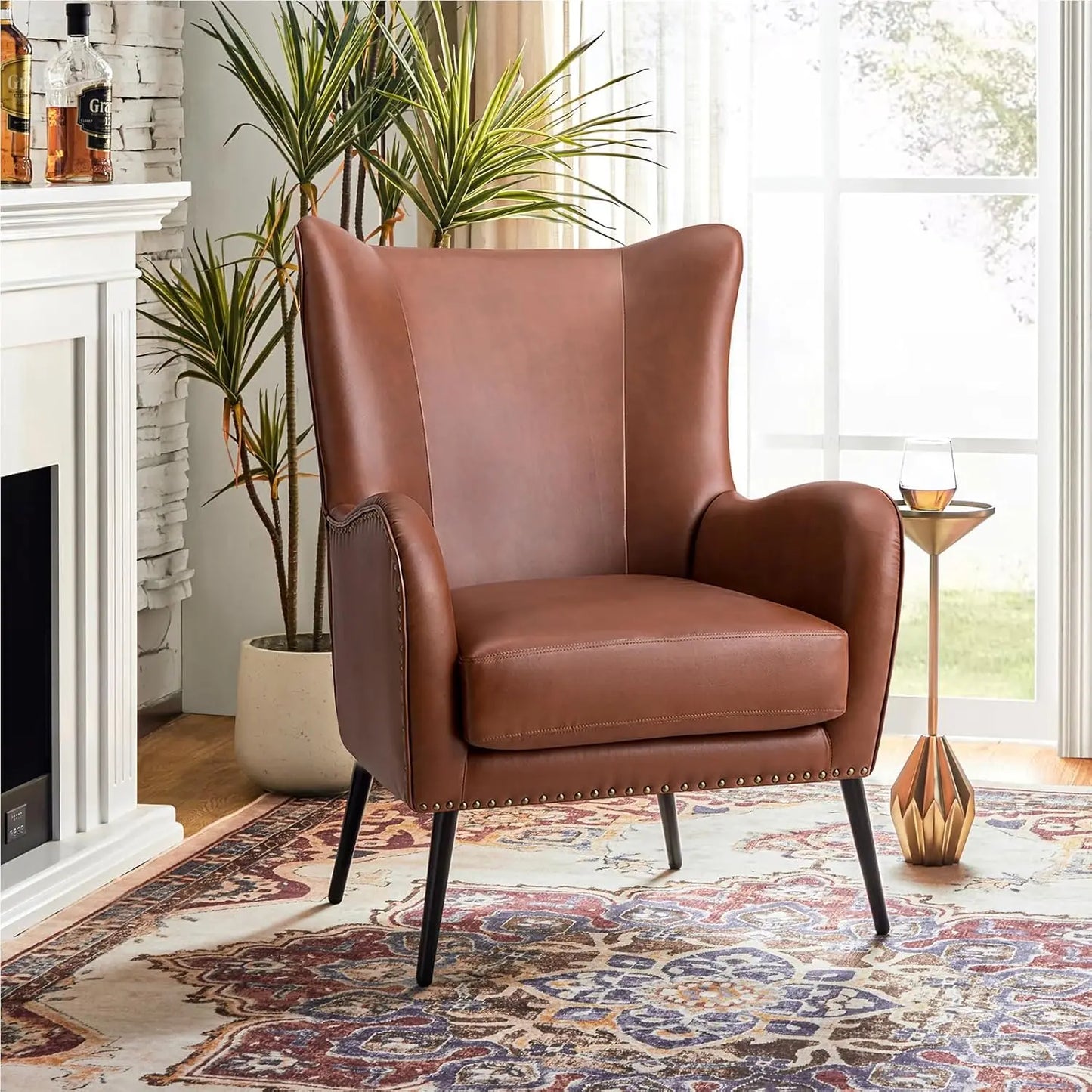 Faux Leather Accent Chair With Removable Cushion And Nailhead Trim