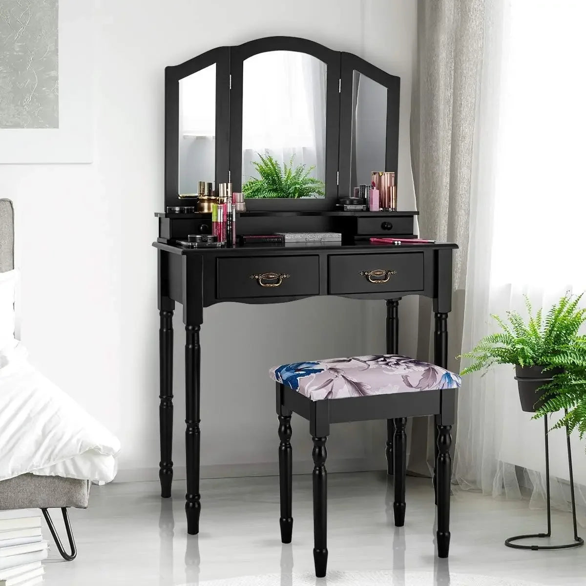 Vanity Table Set With Tri Folding Mirror And Four Drawers