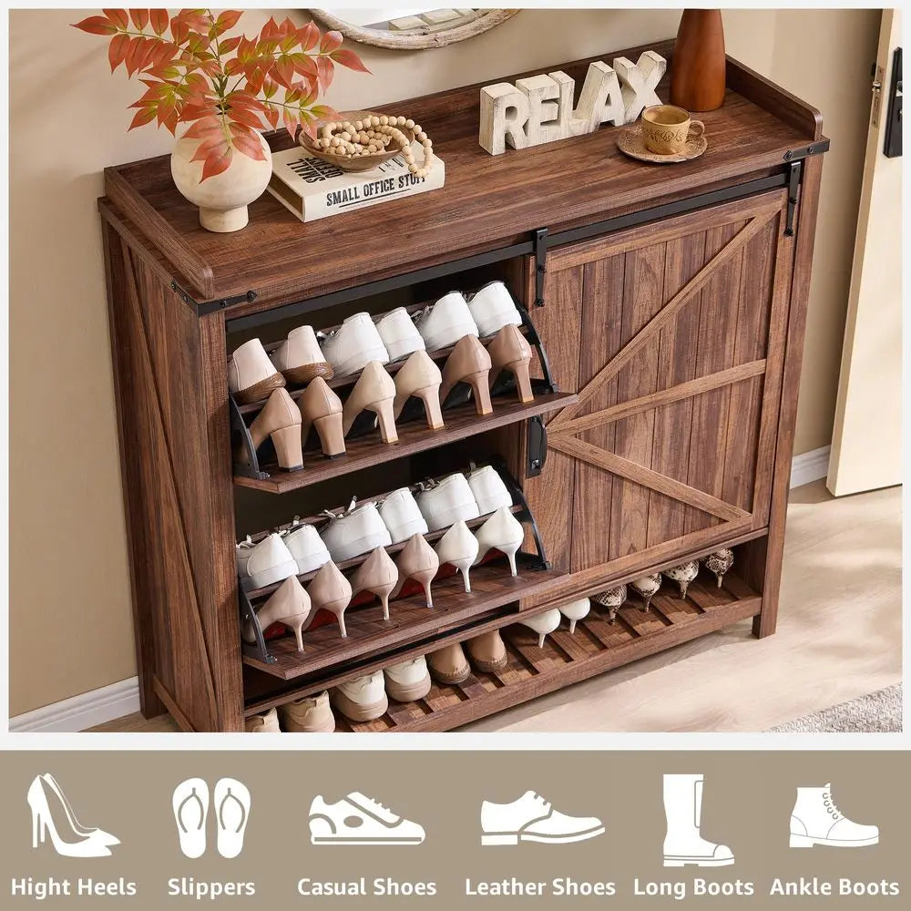 Rustic Farmhouse Shoe Storage Cabinet With 2 Flip Drawers Sliding Door