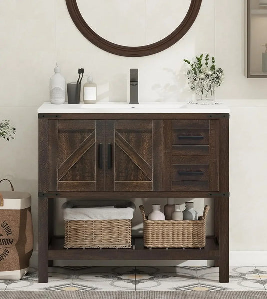 Rustic Farmhouse Vanity With Ceramic Undermount Sink And Drawers