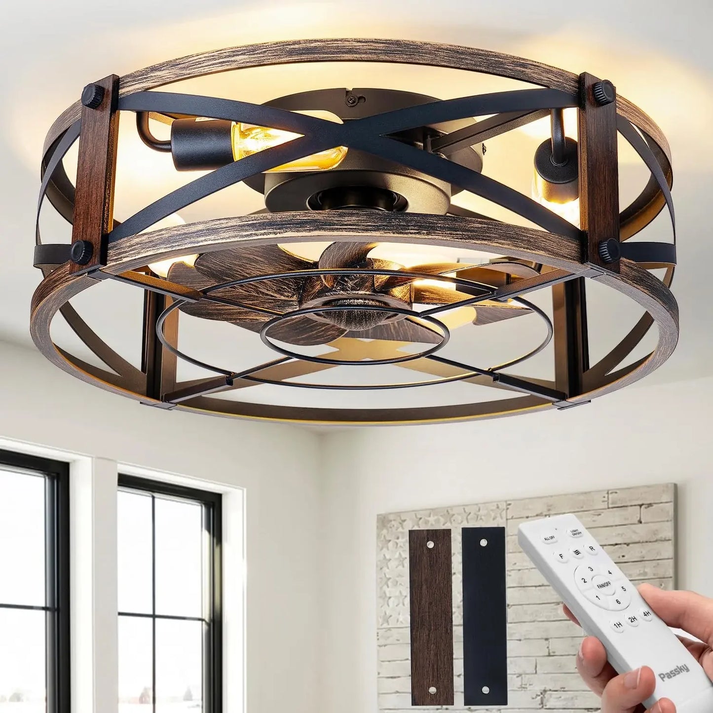 Farmhouse Flush Mount Ceiling Fan With Lights And Remote