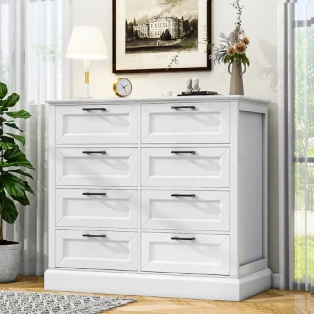 Modern Farmhouse Dresser with 8 Drawers for Bedroom Storage, 39.3” Tall Wood with Black Handles