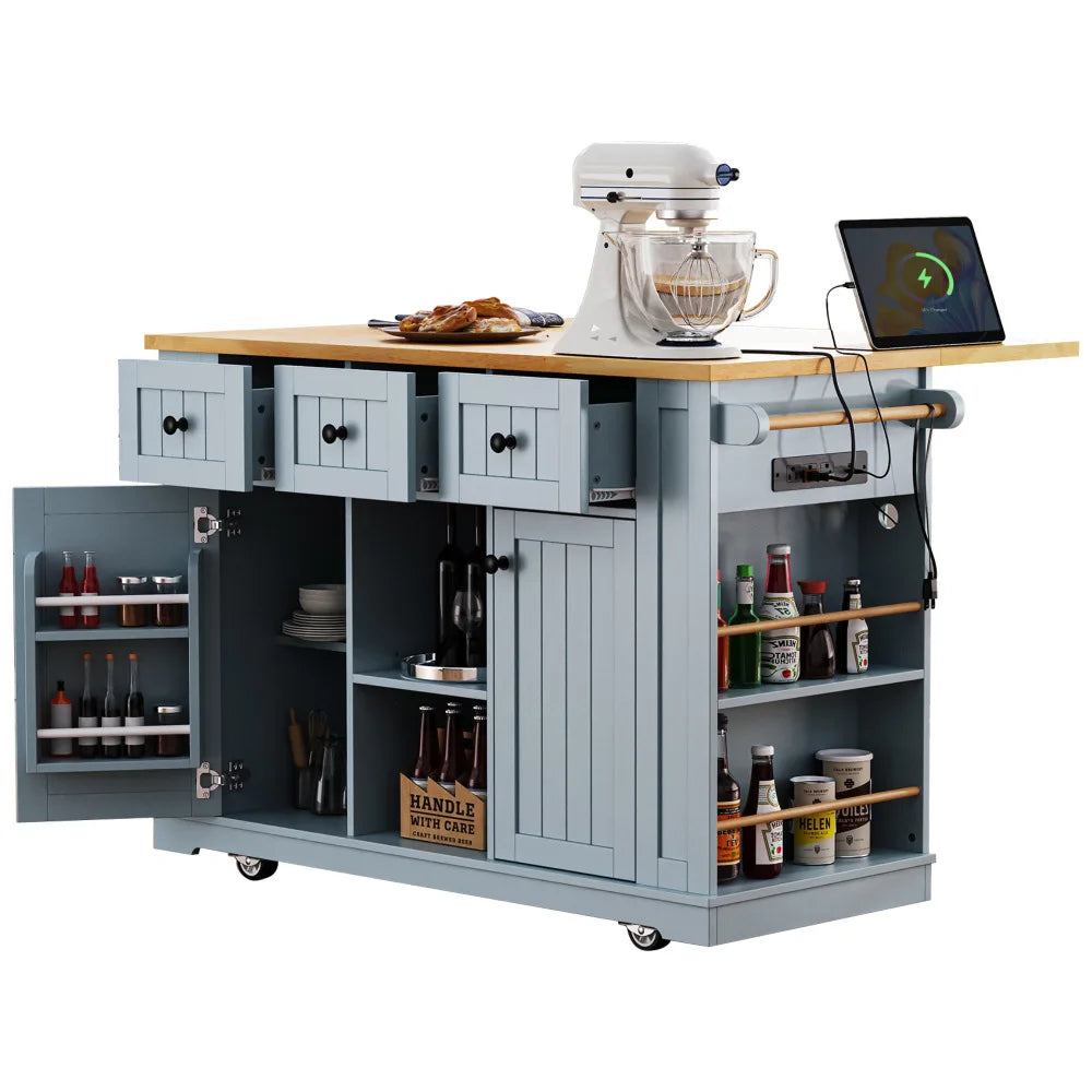 Gray-blue 53-inch Large Kitchen Island with Folding Tabletop, Power Outlet, Inside-door Storage, 5-wheel Rolling Kitchen Cart, and 5 Open Side Shelves, Suitable for Kitchens (2-pack) (stool Not Included).