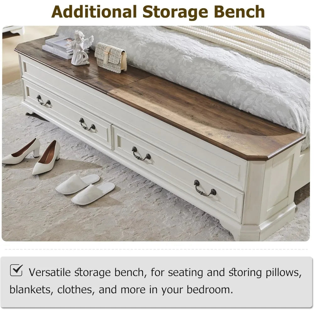 US Local Stock Best Choice Farmhouse Queen Bed with Headboard and Storage Chest Bench Rustic Wood Platform Bed with 64