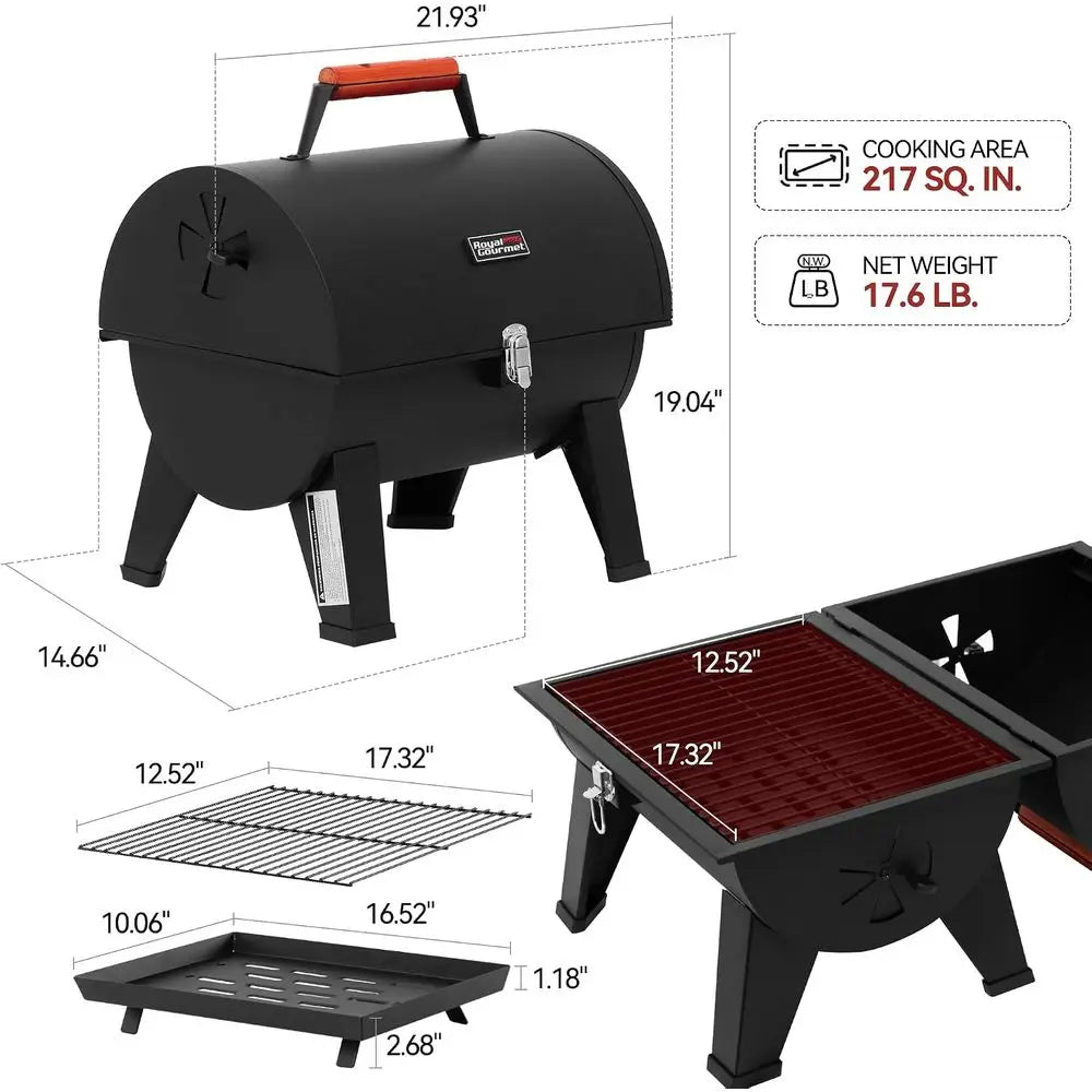 Portable Charcoal Grill, Convertible Lid-to-Grill Zone | Outdoor Compact Tabletop Barrel BBQ Grill with 217 Sq. In., Backyard, P