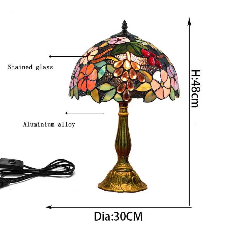 European Tiffany Style Stained Glass Table Lamp Grape Motif