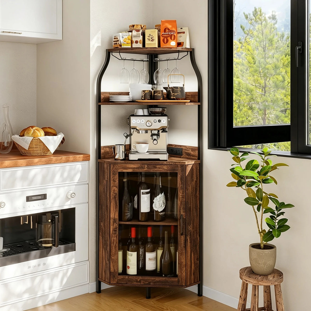 HiMISS Corner Bar Cabinet With LED Lights And Power Outlet