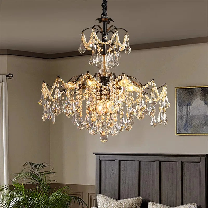 SaloEElaitte American Retro Crystal Pearl Chandeliers E14 Pendant Light