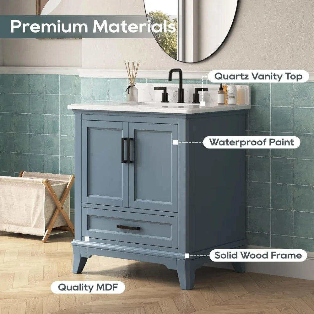 30'' Bathroom Vanity with Sink, Single Sink, Solid Wood Frame, Soft Close Doors, Dovetail Drawer, Steel Blue