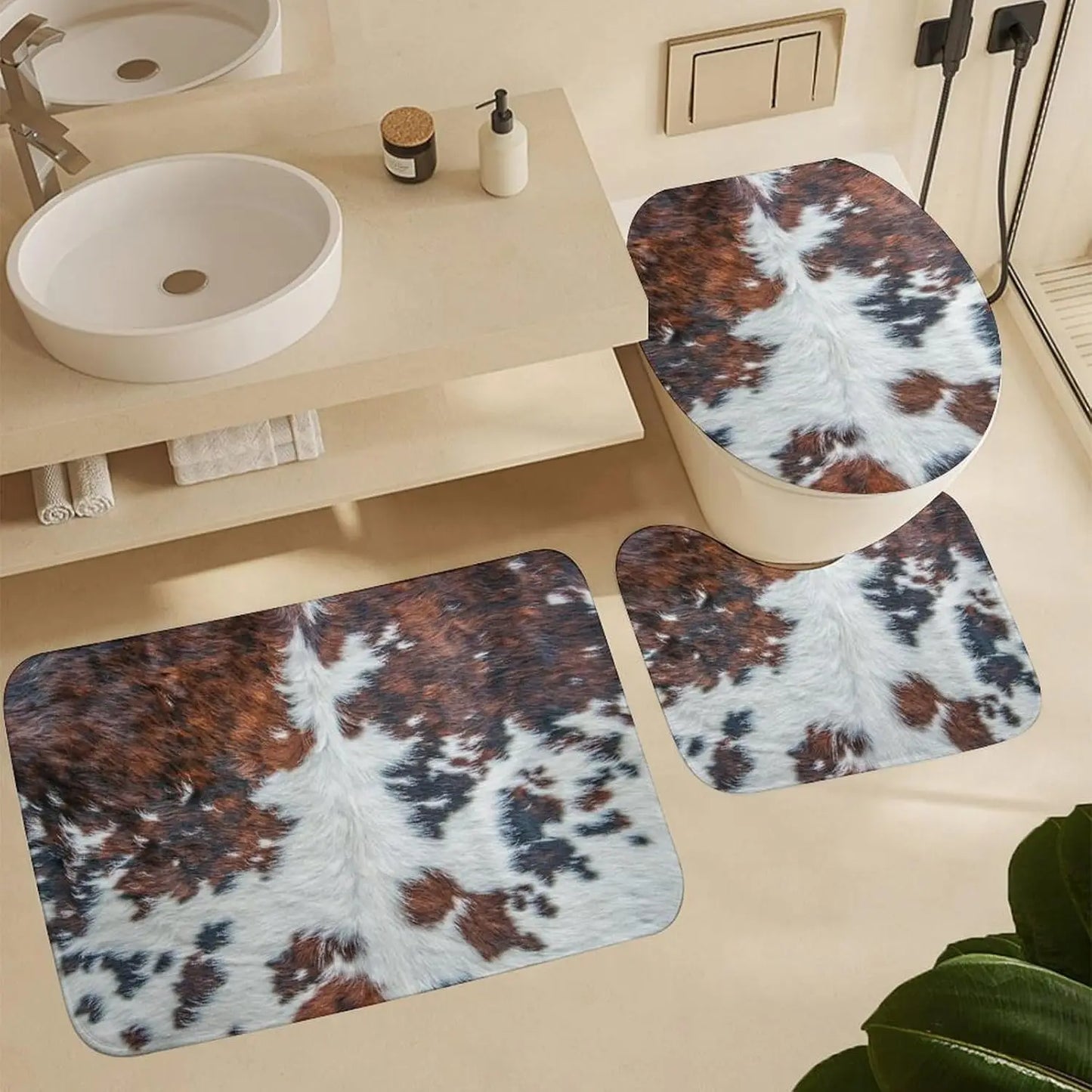 Cow Hide Print Bath Mat Ensemble With Non Slip Rug