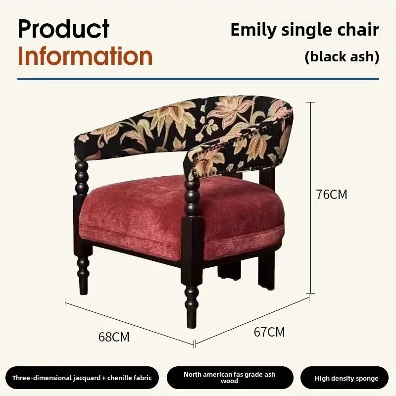French Retro Solid Wood Lounge Chair Medieval Style Leisure Fabric Single Sofa Designer Lazy Chair for Living Room Study