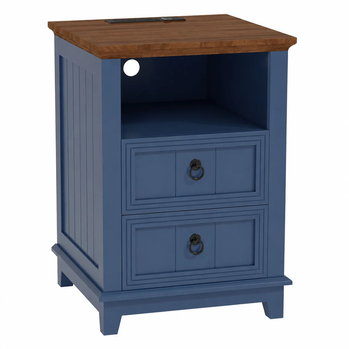 Modern Wood Nightstand With USB Charging Station And Two Drawers