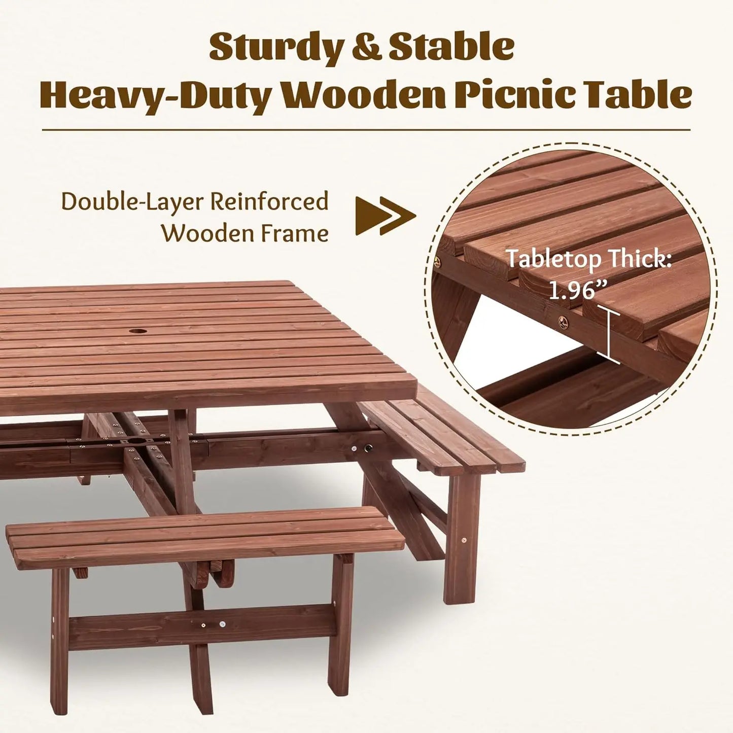 Wood Picnic Table Bench Set for 4-8 Person, Square Lifetime Picnic Tables for Outdoor with Umbrella Hole and Benches, Outside Di