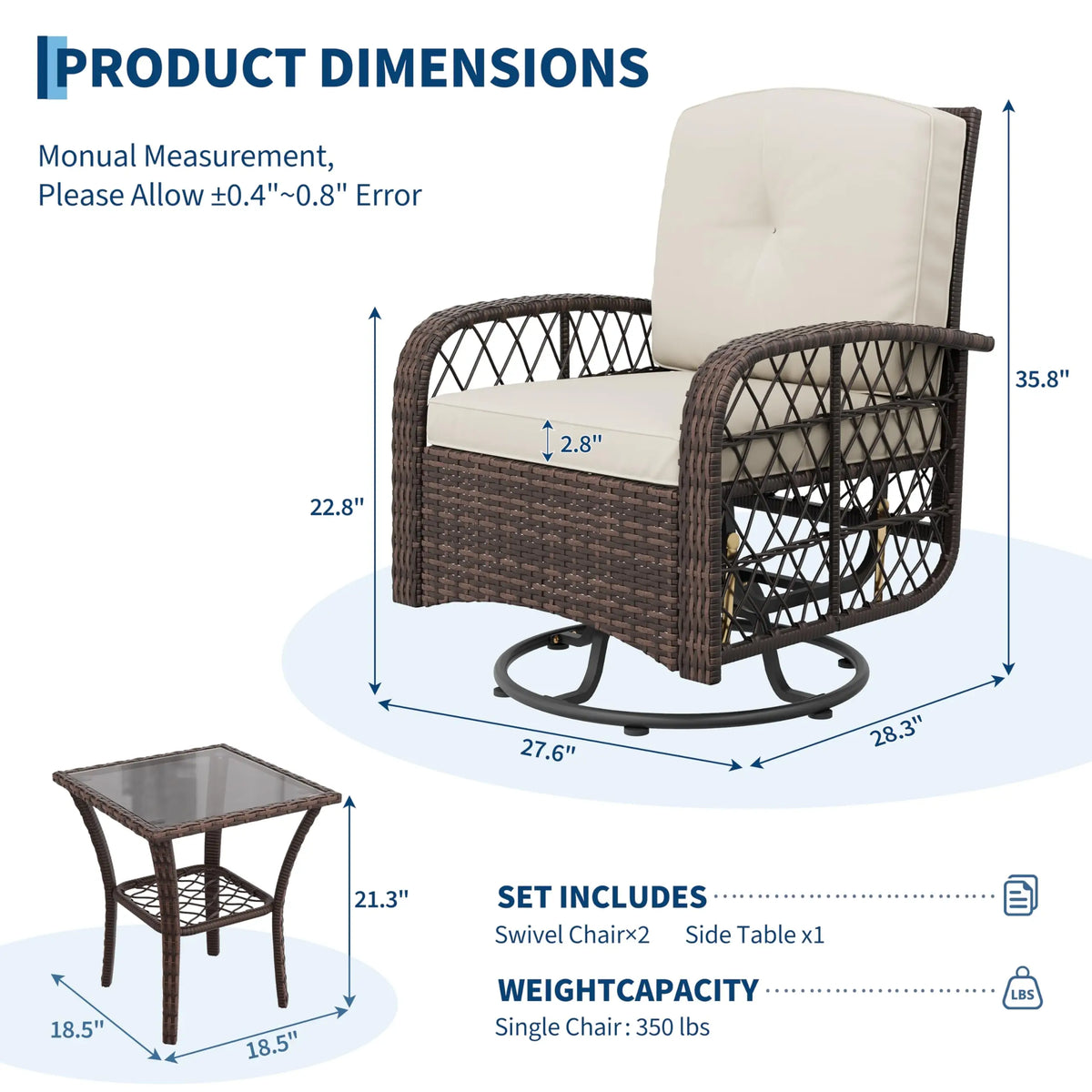 HiMISS Outdoor Wicker Swivel Rocker Conversation Set With Glass Table