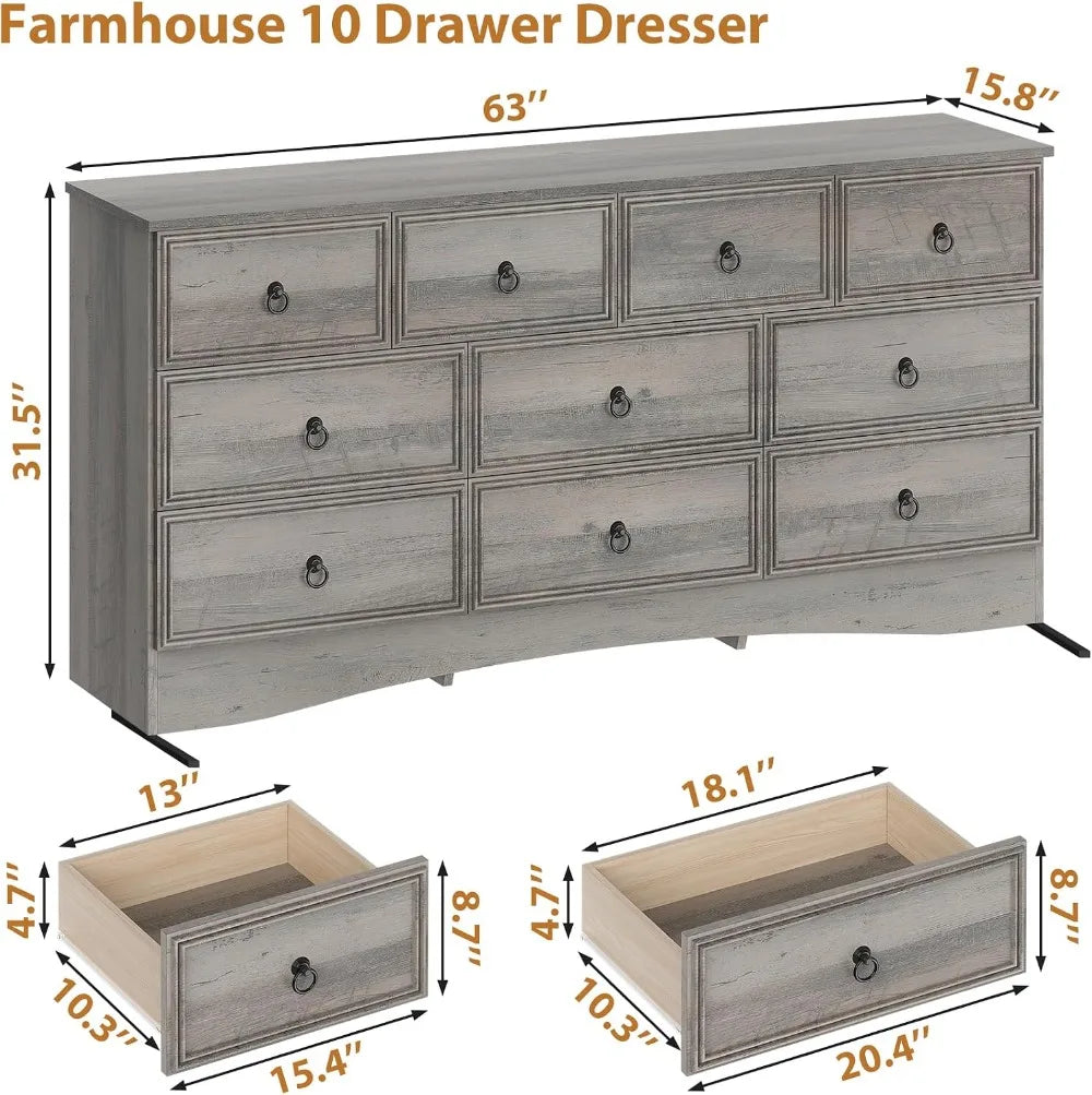 63"W 10 Drawer Dresser for Bedroom, Grey Long Chest, Easy Pulls, Taupe