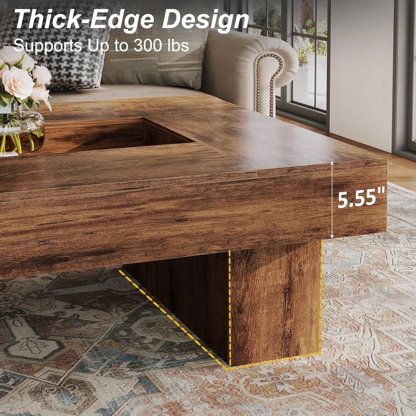 XIUWO Rustic Wood Coffee Table With Storage LED Light