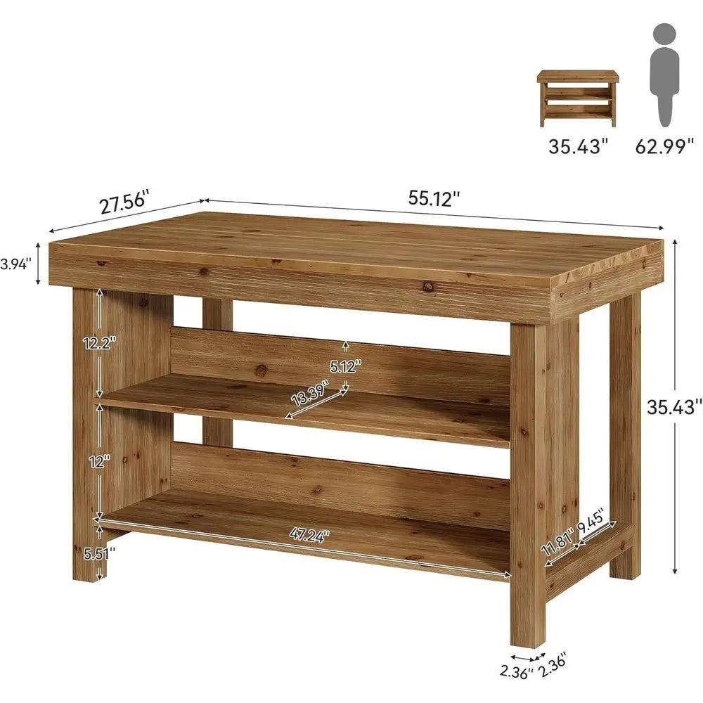 55 Natural Oak Kitchen Island with 3-Tier Shelves and Spacious Countertop