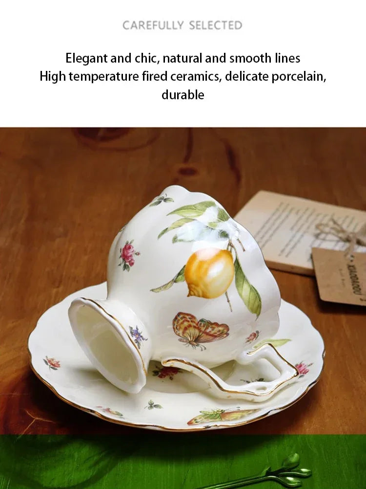 European Ceramics Coffee Cup and Saucer Teapot Elegant Lemon Pattern Creative Afternoon Tea Teaware Set with Dessert Spoon Gift