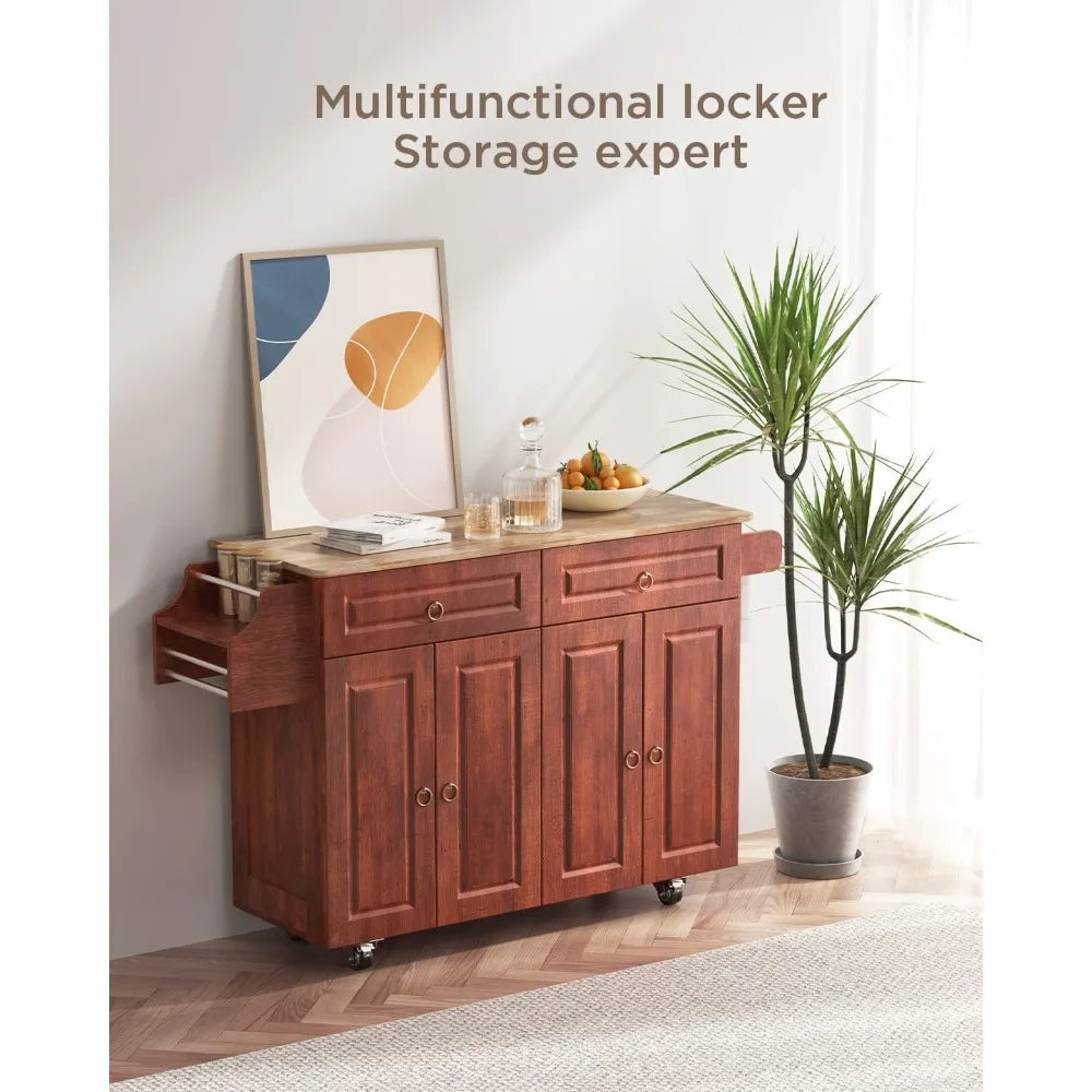 Kitchen Island Cart on Wheels with Drop Leaf Countertop Lockable Casters Two Drawers Storage Cabinet Double Doors Brown