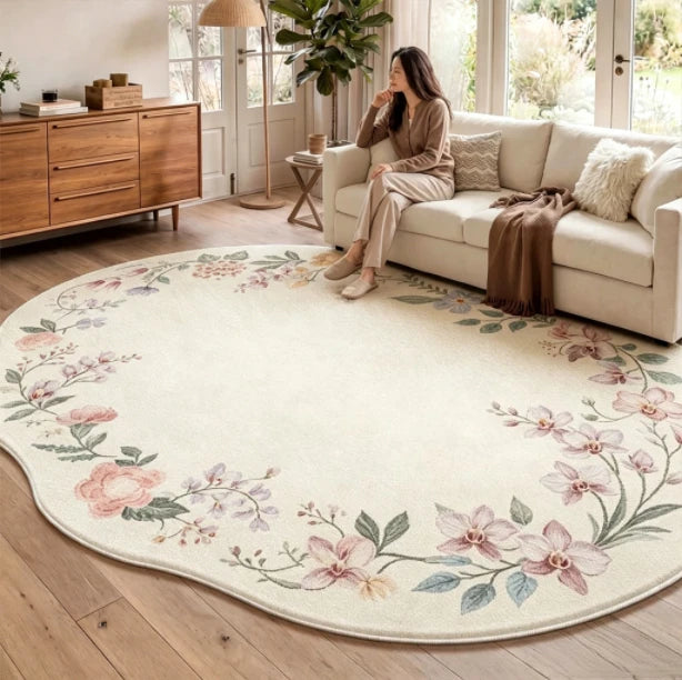 Irregular Shaped Plush Rug For Living Room With Flower Pattern