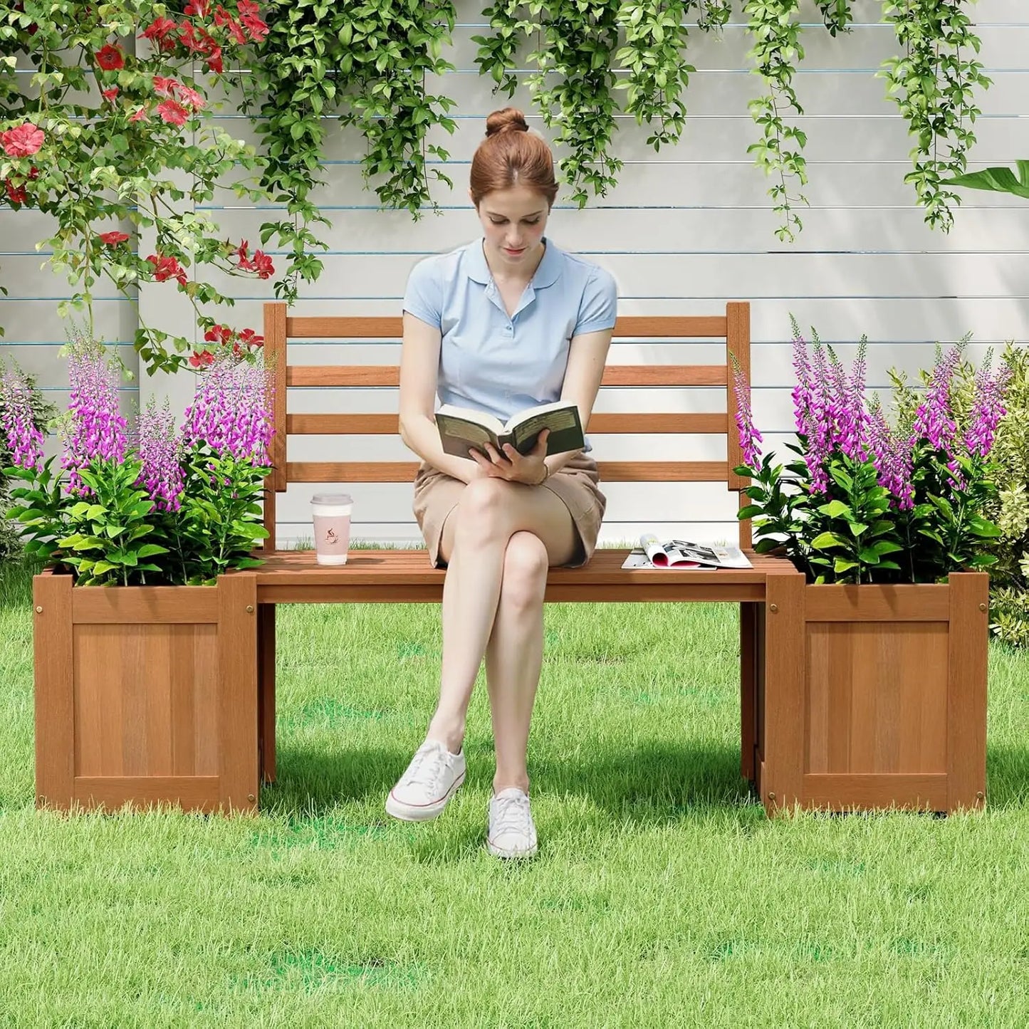 2-in-1 Wood Outdoor Bench With Raised Garden Beds Patio