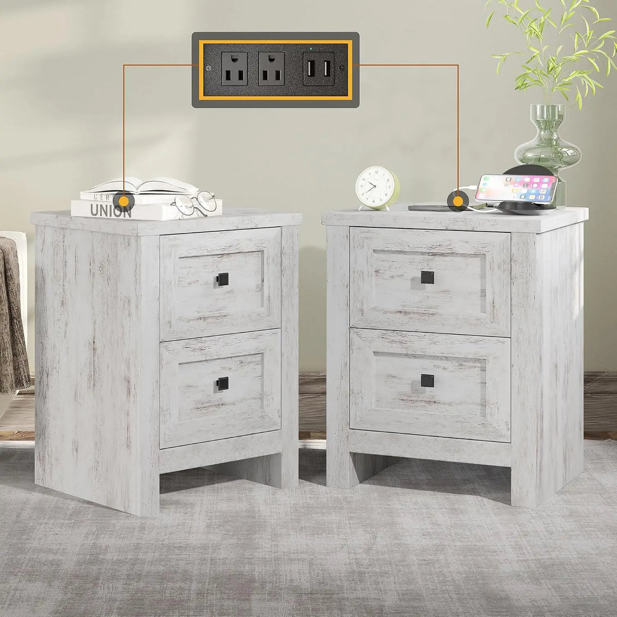 Nightstand Set of 2 with Charging Station & USB Ports, Wood Bedside Table with 2 Drawers for Bedroom, Customized