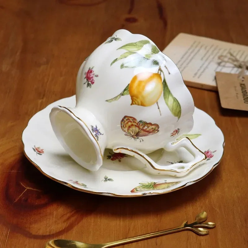 European Ceramics Coffee Cup and Saucer Teapot Elegant Lemon Pattern Creative Afternoon Tea Teaware Set with Dessert Spoon Gift