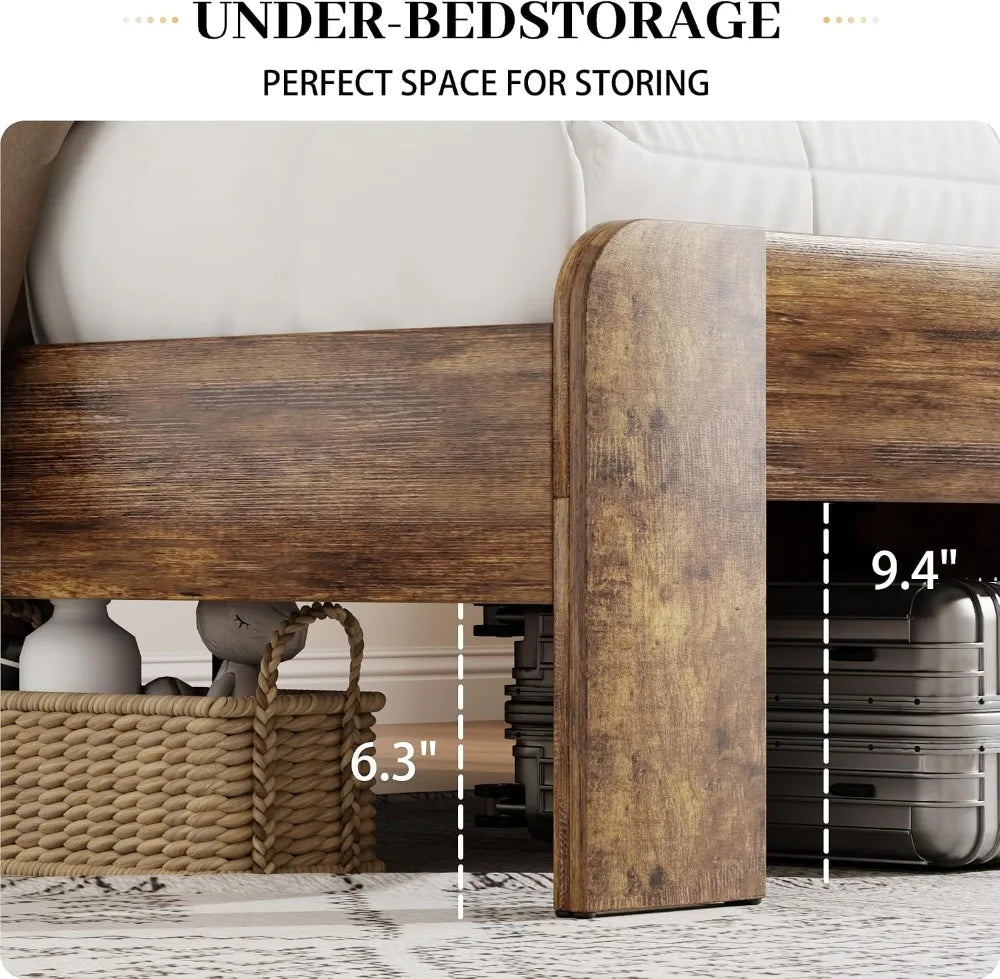 Wooden King Bed Frame with Headboard, USB & LED, No Box Spring Needed, Easy Assembly
