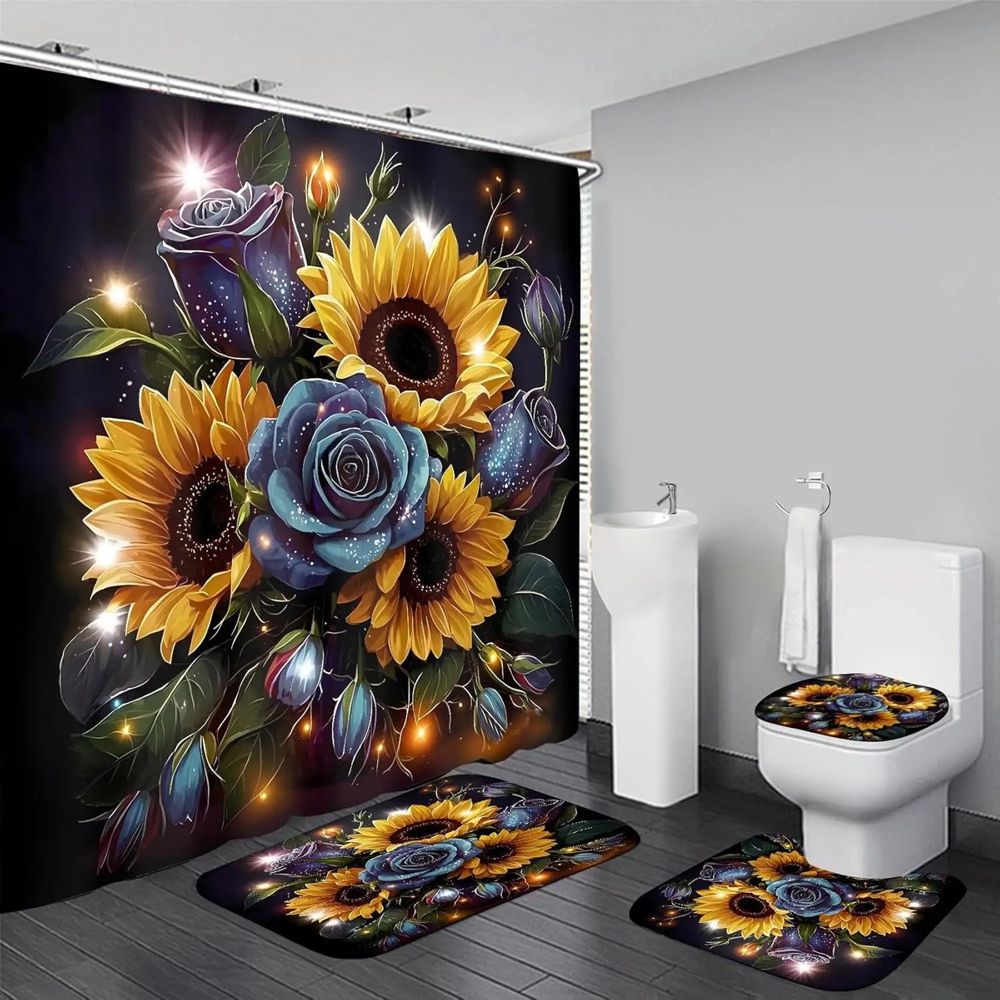4 Piece Sunflower Shower Curtain Set - Yellow Floral Flower Bathroom Decor - Washable Fabric Curtain - Rugs and Toilet Lid Cover