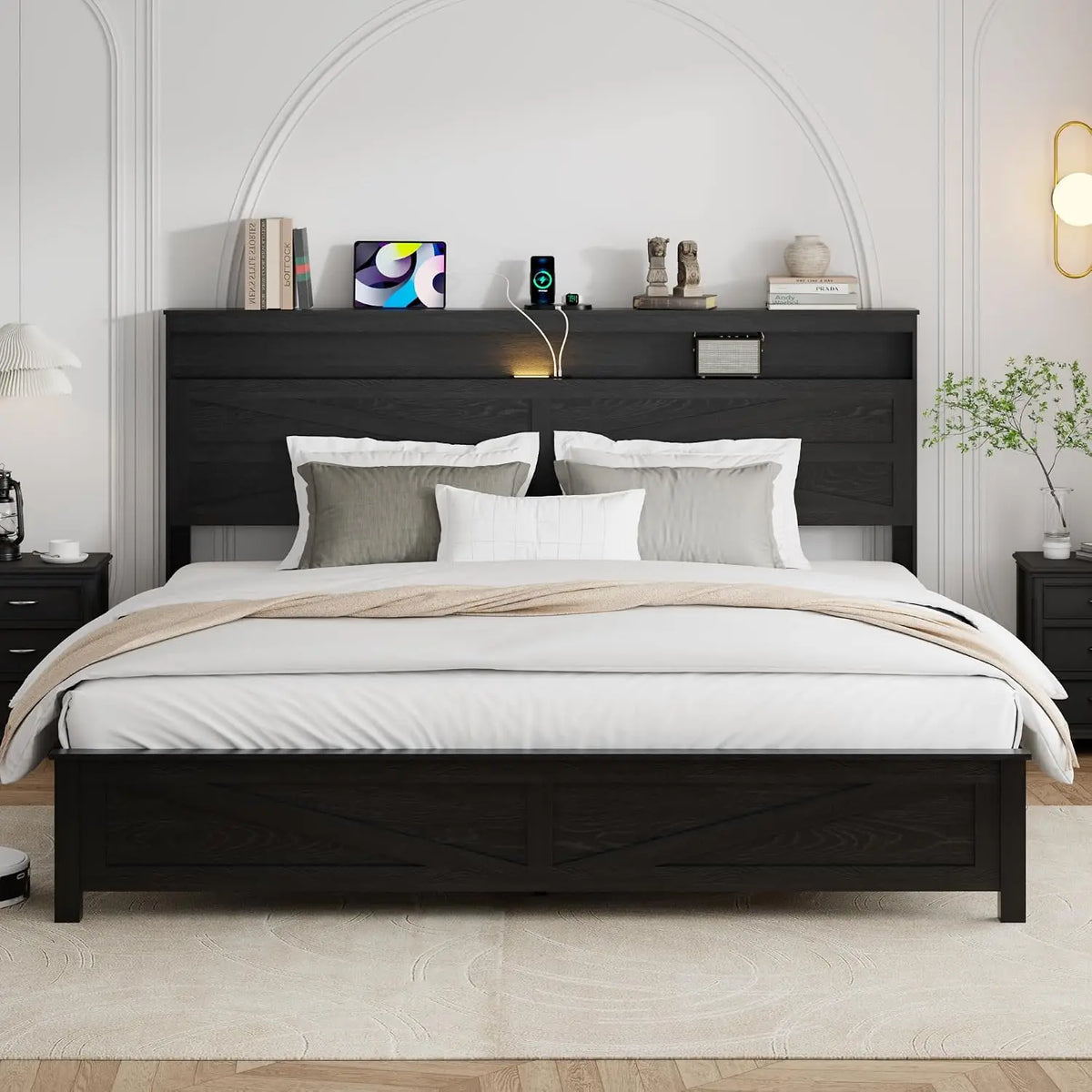Rustic Wood King Bed Frame with LED Lights & Charging Station, Easy Assembly No Box Spring Needed, Customized