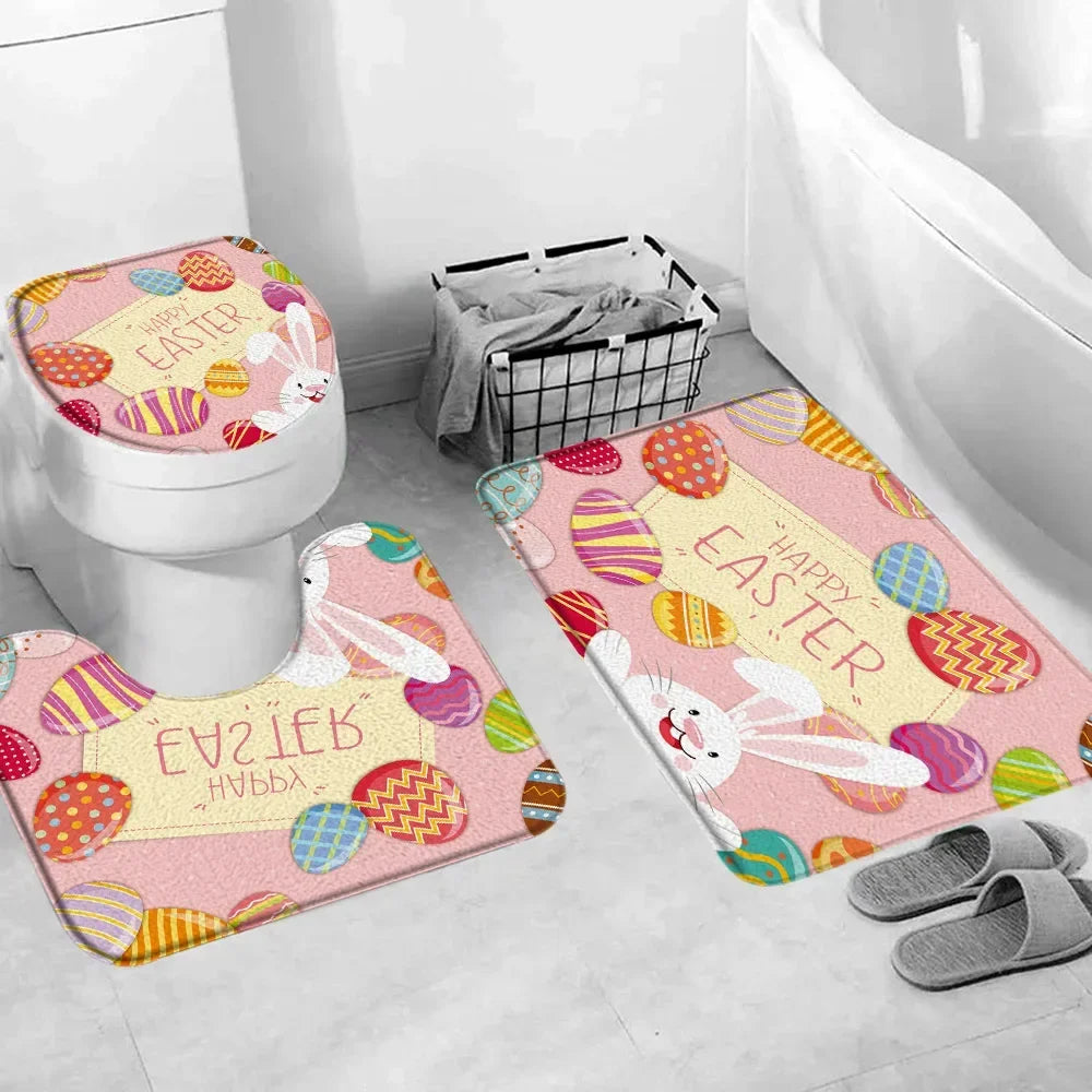 Happy Easter Bath Rug Set With Bunny Truck Eggs Decor