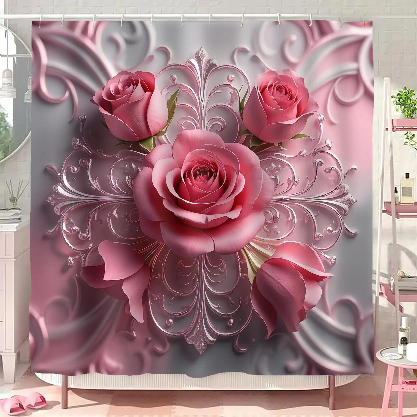 Waterproof 3D Flower Bathroom Curtain Set 4-Piece Non-Perforated