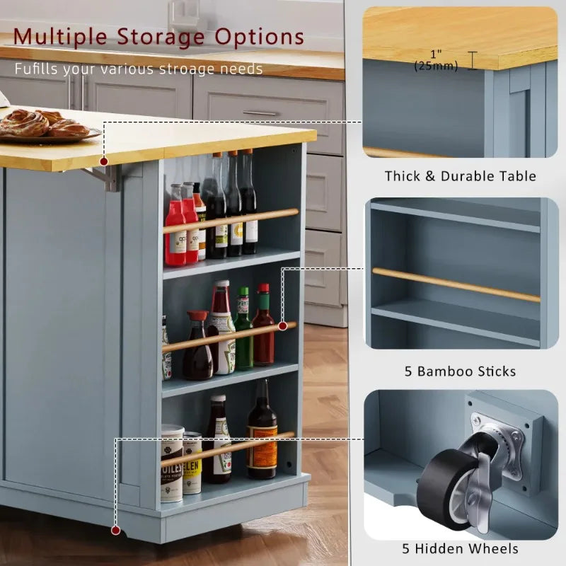 Gray-blue 53-inch Large Kitchen Island with Folding Tabletop, Power Outlet, Inside-door Storage, 5-wheel Rolling Kitchen Cart, and 5 Open Side Shelves, Suitable for Kitchens (2-pack) (stool Not Included).