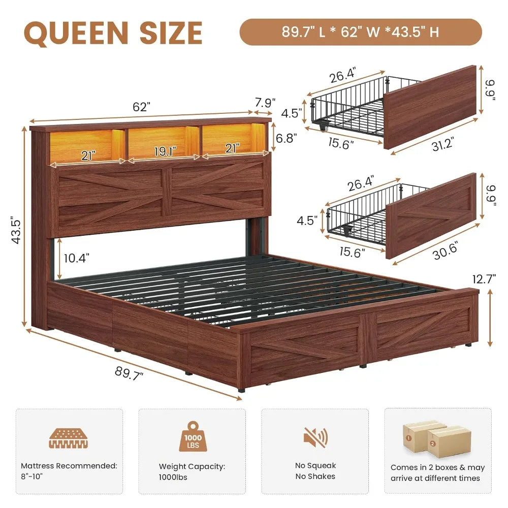 Queen Bed Frame with 6 Drawers, Farmhouse Bed Frame with Barn Door Headboard and Storage, Wood Platform Bed Frame, Customized