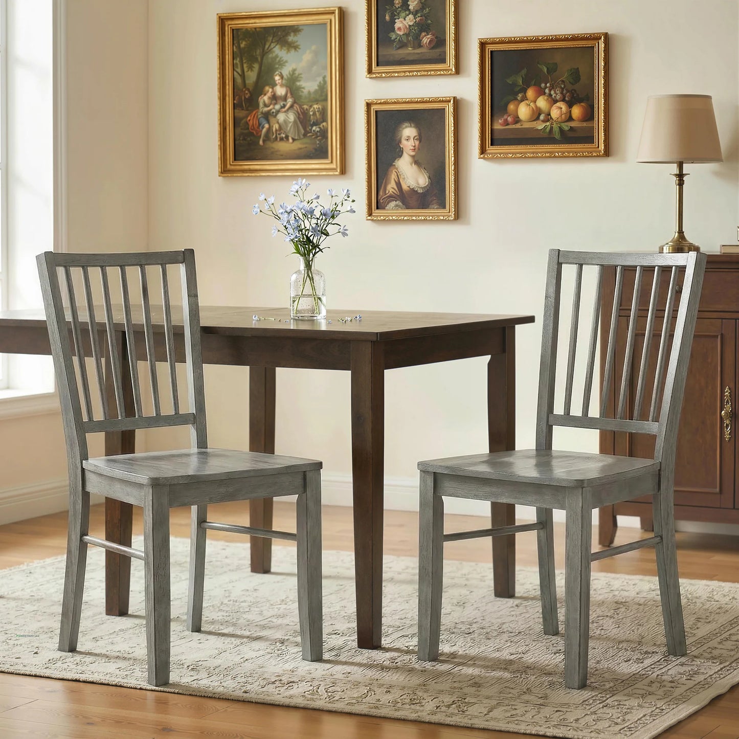 Homcom Farmhouse Dining Chairs Set of 2, Ergonomic Solid Wood Armless Kitchen Chairs with Rubberwood Legs for Dining Room, Kitchen, Rustic Gray