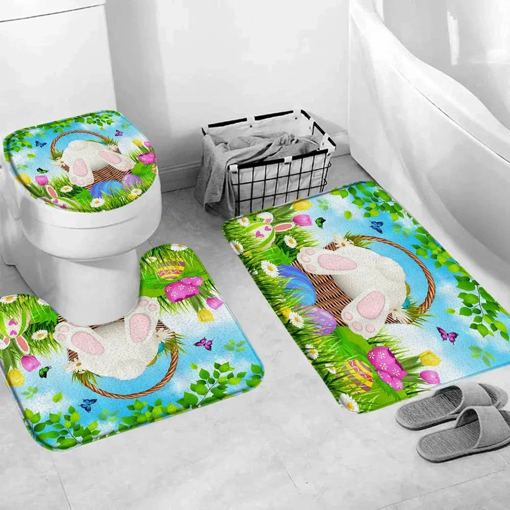 Happy Easter Bath Rug Set With Bunny Truck Eggs Decor