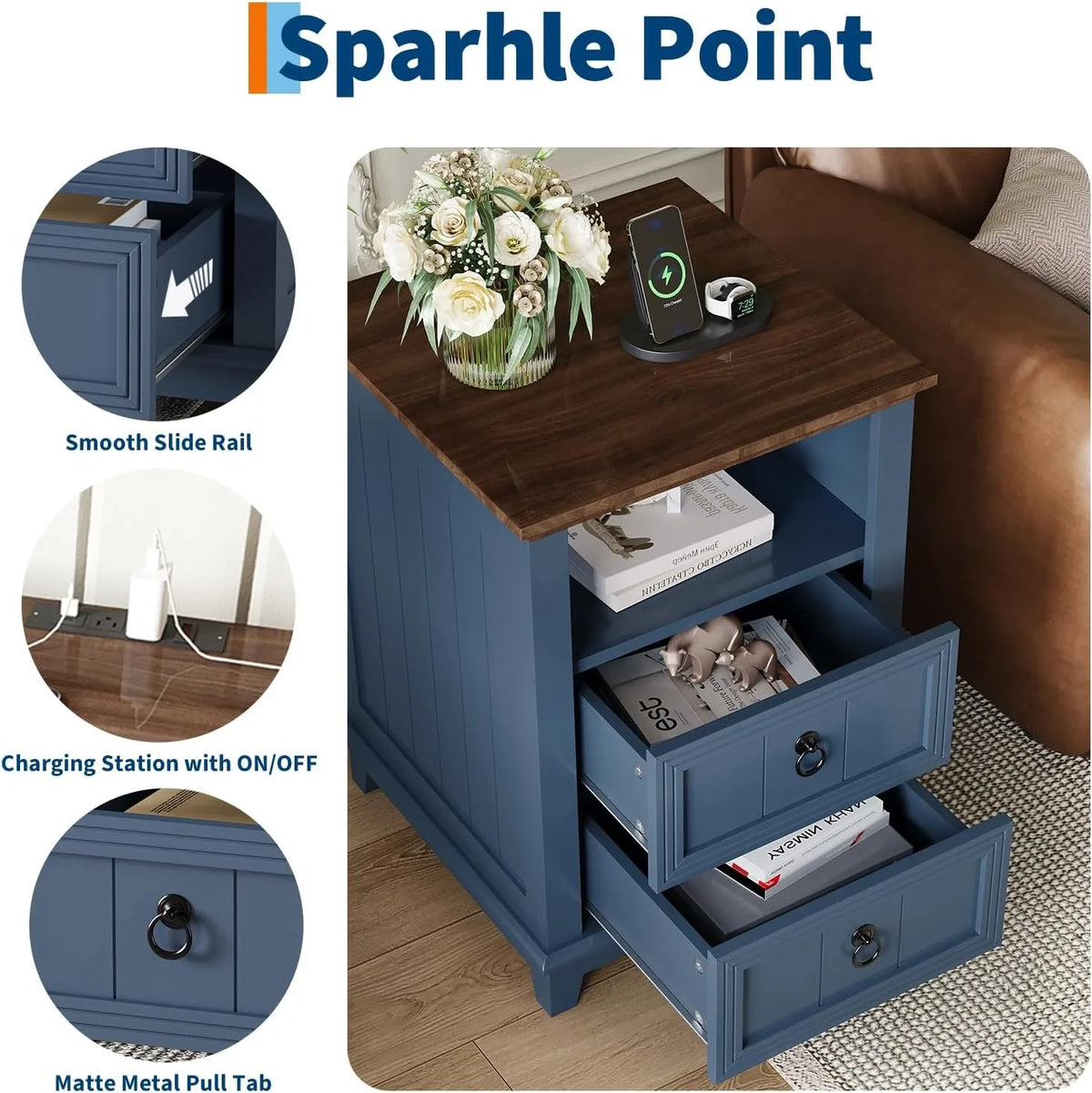Modern Wood Nightstand With USB Charging Station And Two Drawers