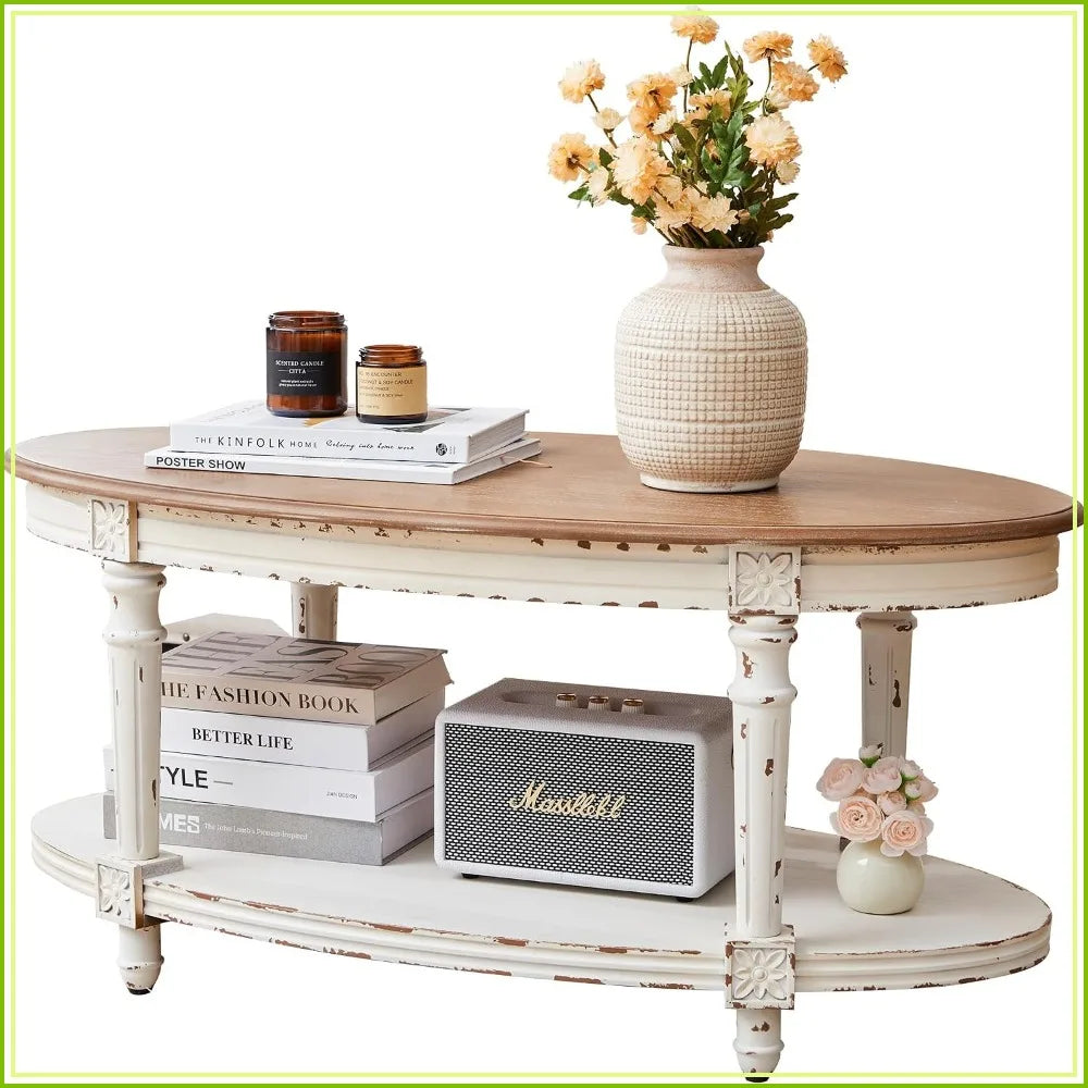 Vintage Oval Coffee Table, 39" Two-Tone White, 2 Tier Storage, Living Room Office, Easy Assembly
