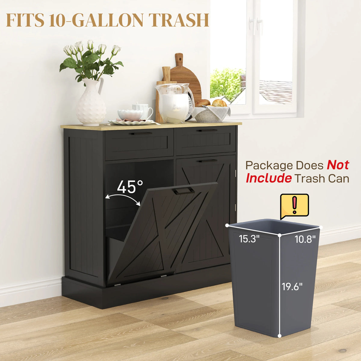 HOMCOM Tilt Out Trash Can Cabinet, 10 Gallon Farmhouse Kitchen Cabinet with Hidden Trash Can and 2 Drawers for Laundry Room, Pantry, Kitchen, Black