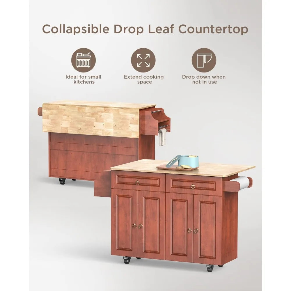 Kitchen Island Cart on Wheels with Drop Leaf Countertop Lockable Casters Two Drawers Storage Cabinet Double Doors Brown