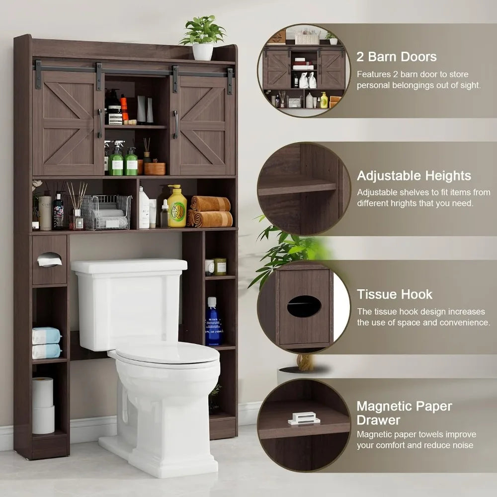 Farmhouse Over Toilet Storage Cabinet with Sliding Doors, Space-Saving Bathroom Shelf, Espresso