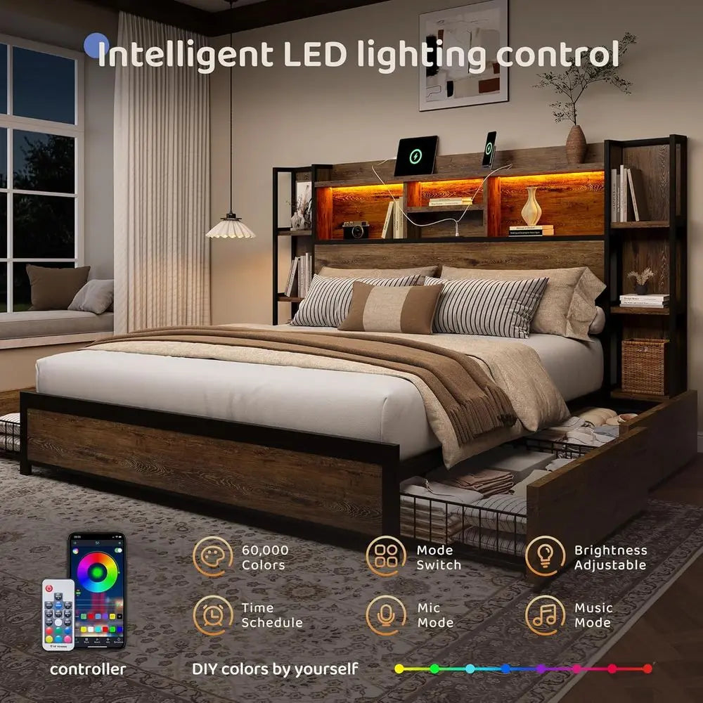 BRELTAM Platform Bed With 4 Storage Drawers And Lighted Charging Station