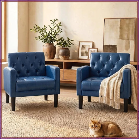 Accent Chairs Set of 2, Comfy Living Room Chair Leather Tufted Mid Century Modern Armchair for Office Bedroom, Blue
