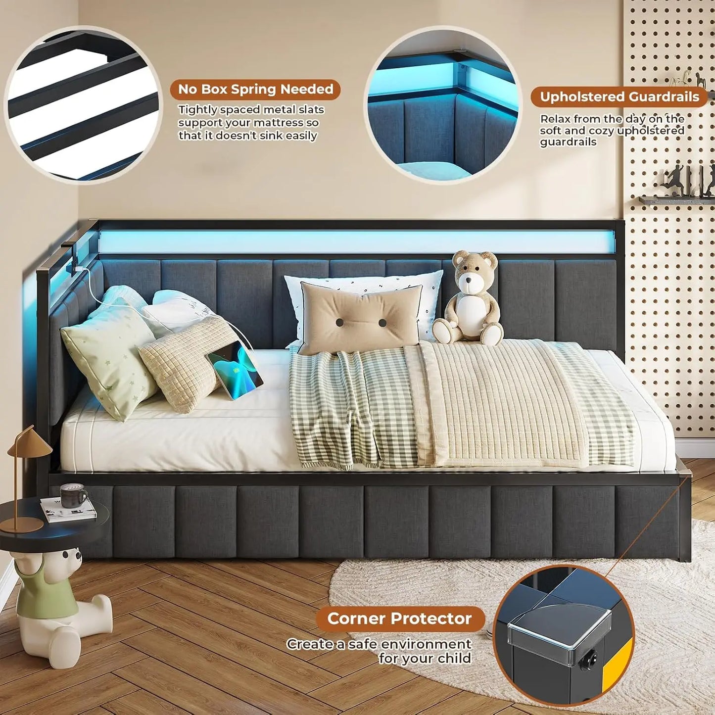 DICTAC Twin Corner Bed Frame with 2 Storage Drawers and Charging Station Twin Bed Frames with Storage and Led Lights Twin Size D