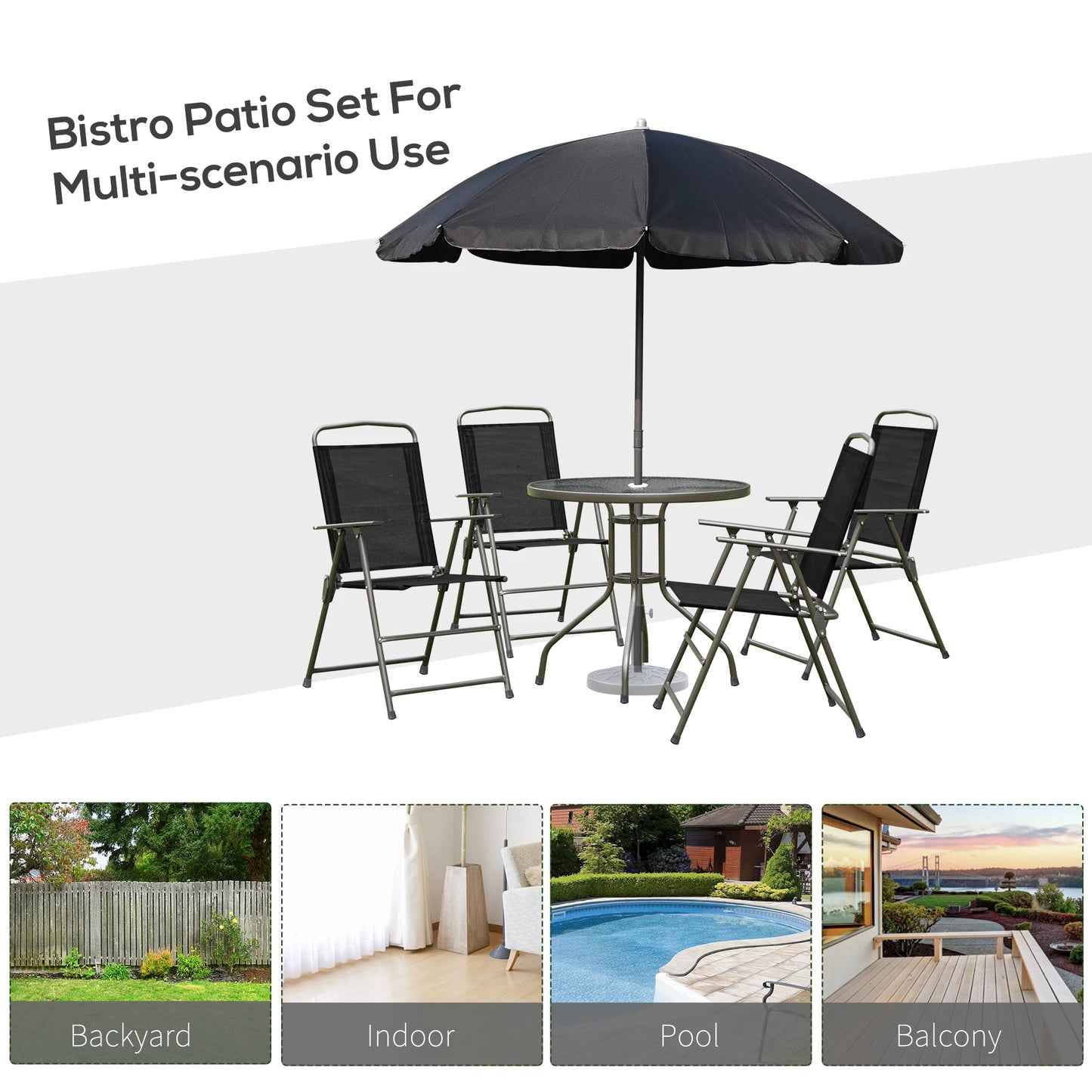 6 Piece Patio Dining Set with Umbrella, 4 Folding Chairs & Glass Table, Black and Coffee