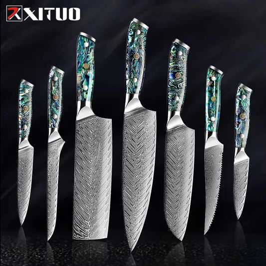 XITUO Damascus Steel knife Set 1-5 PCS Kitchen Tools Chef Knife Japanese Santoku Knives Boning knife Exquisite Shell Handle New