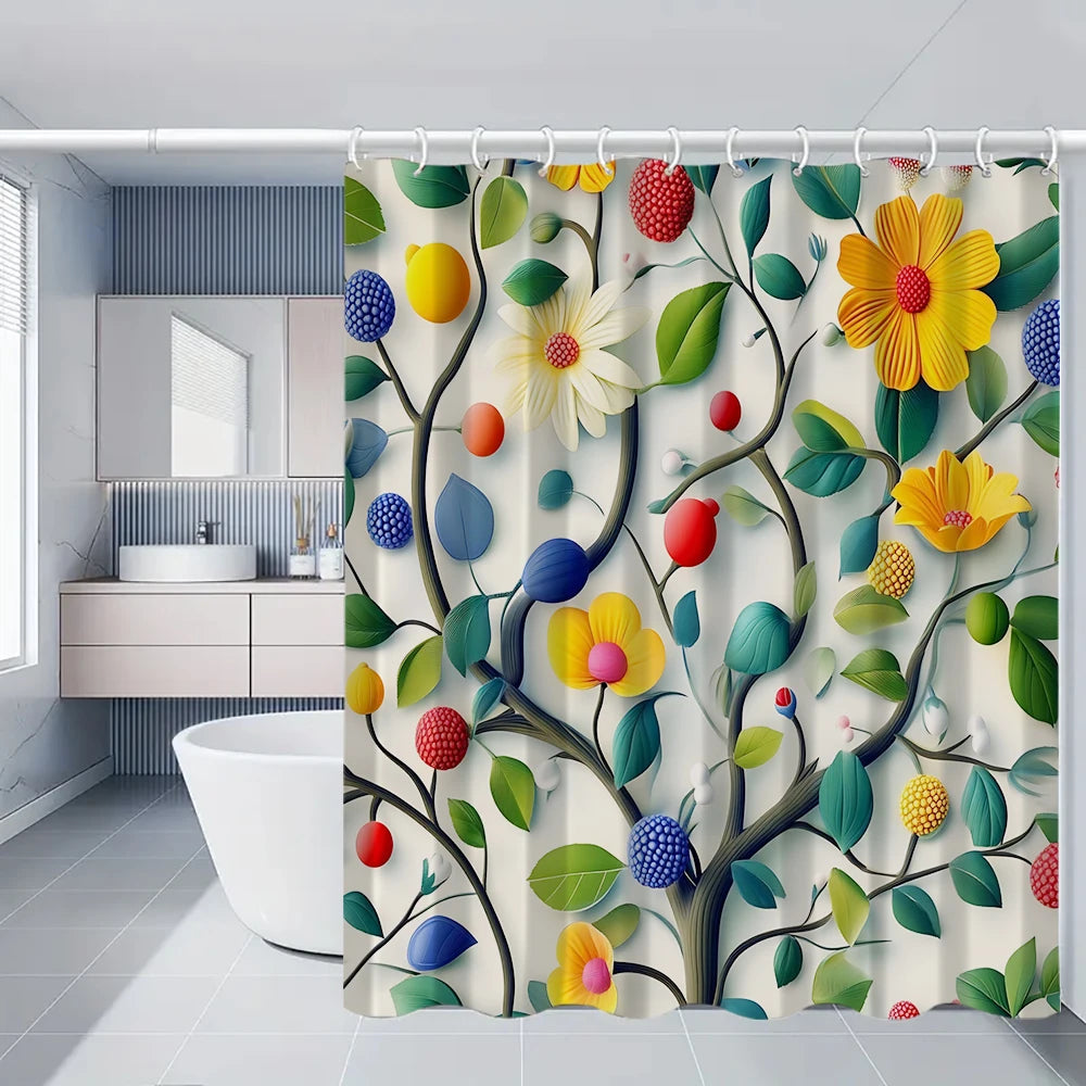 Flower Bird Shower Curtain Set With Carpet And Toilet Seat