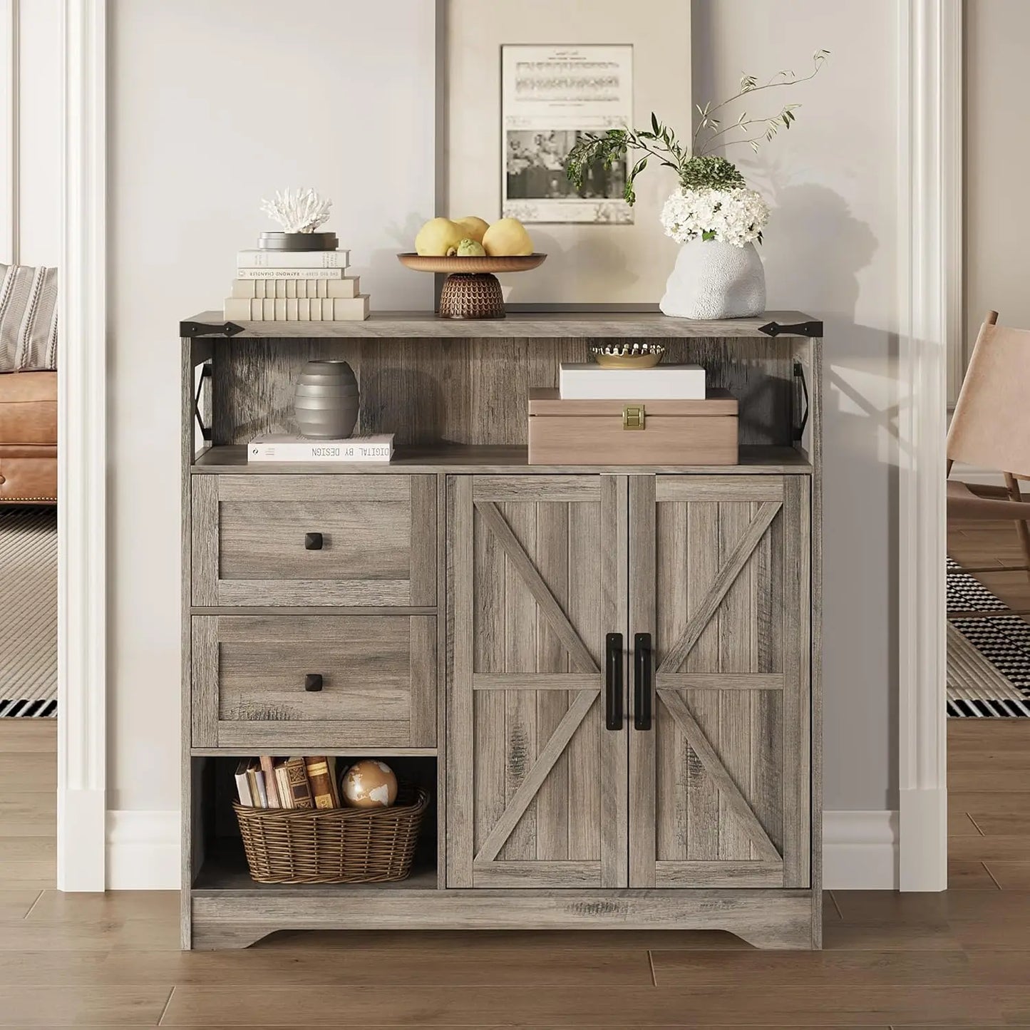 Farmhouse Storage Cabinet With Drawers And Barn Doors