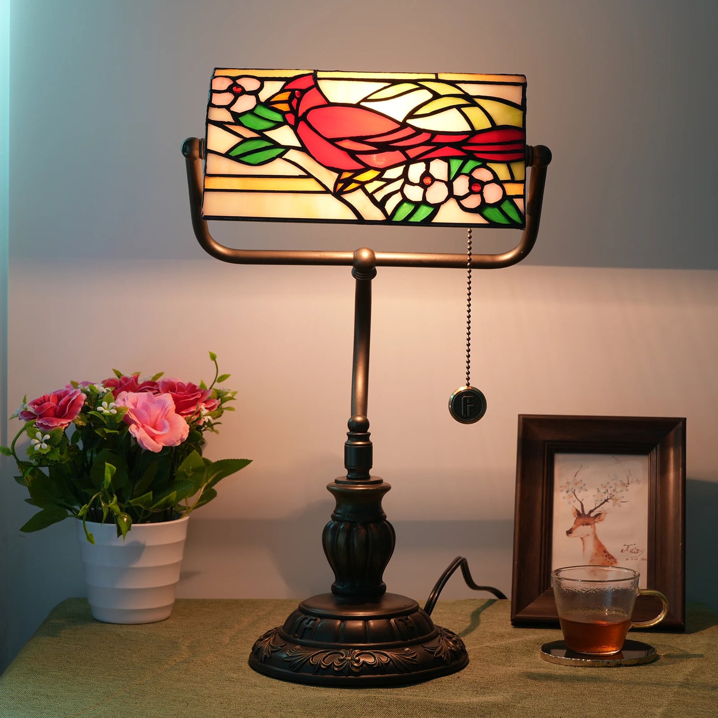 Creative Plug-in Table Lamp Stained Glass Banker Lamp with Zipper Switch Living Room Bedroom Bedside Sofa Library Table Lamp