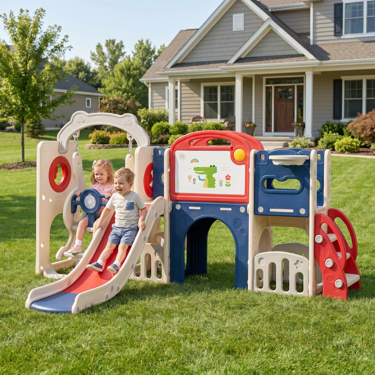 Kids Castle Playset With Slide Swing And Basketball Hoop